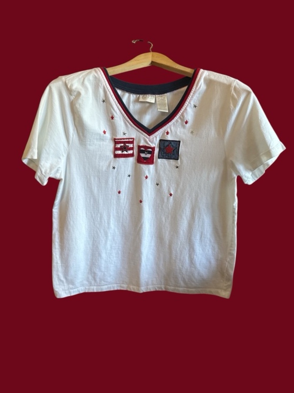 Erika White Short-Sleeve V-Neck Tee with Red & Navy Embroidery 4th of July Top